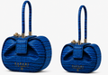 The Leppi blue leather handbags by Safari by Camara, featuring Leppi print-inspired blue and black textured patterns, sculptural bow detailing, and gold hardware.